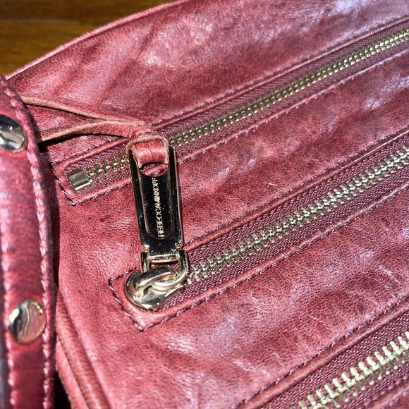 Rebecca Minkoff Cross Body Purse 5 Zip Leather Maroon Studded Gold Chain Handle - Picture 12 of 13